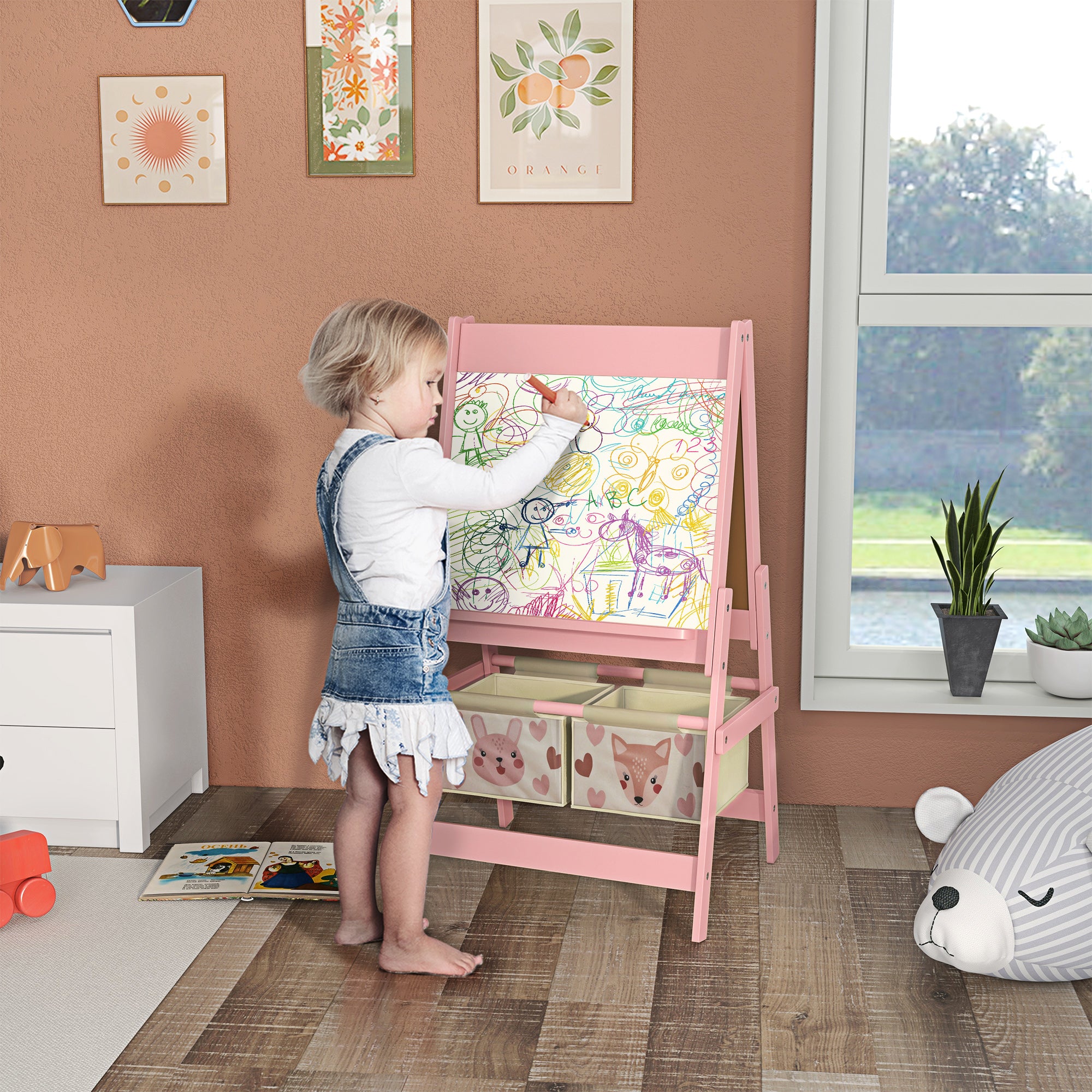 Three-In-One Kids Easel with Paper Roll, Art Easel, with Storage - Pink | AIYAPLAY