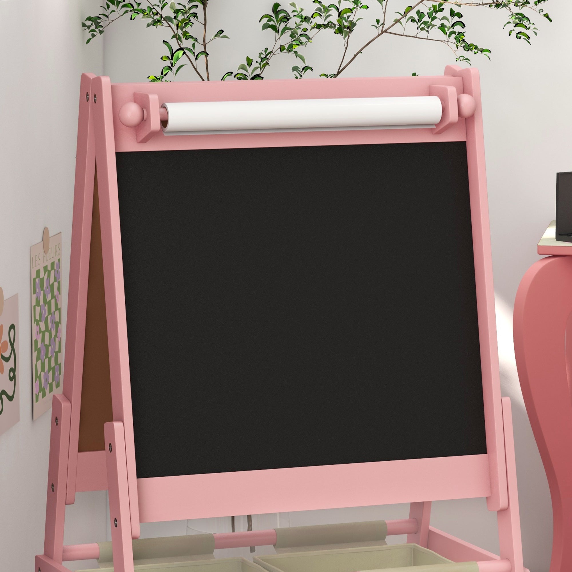Three-In-One Kids Easel with Paper Roll, Art Easel, with Storage - Pink | AIYAPLAY