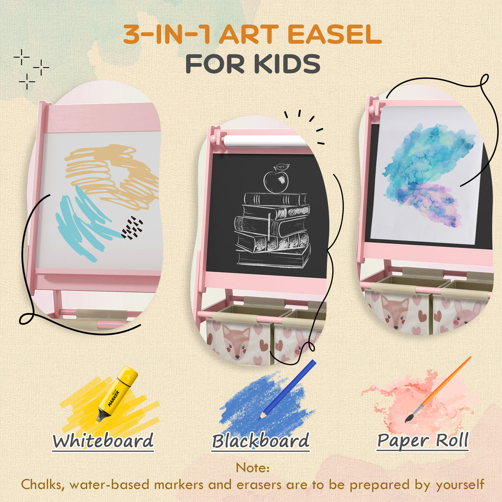 Three-In-One Kids Easel with Paper Roll, Art Easel, with Storage - Pink | AIYAPLAY
